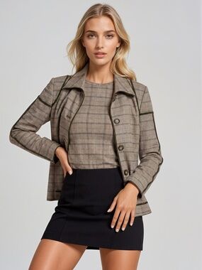 Vintage Harvé Bernard Plaid Blazer Jacket Women’s Olive Trim Button Front